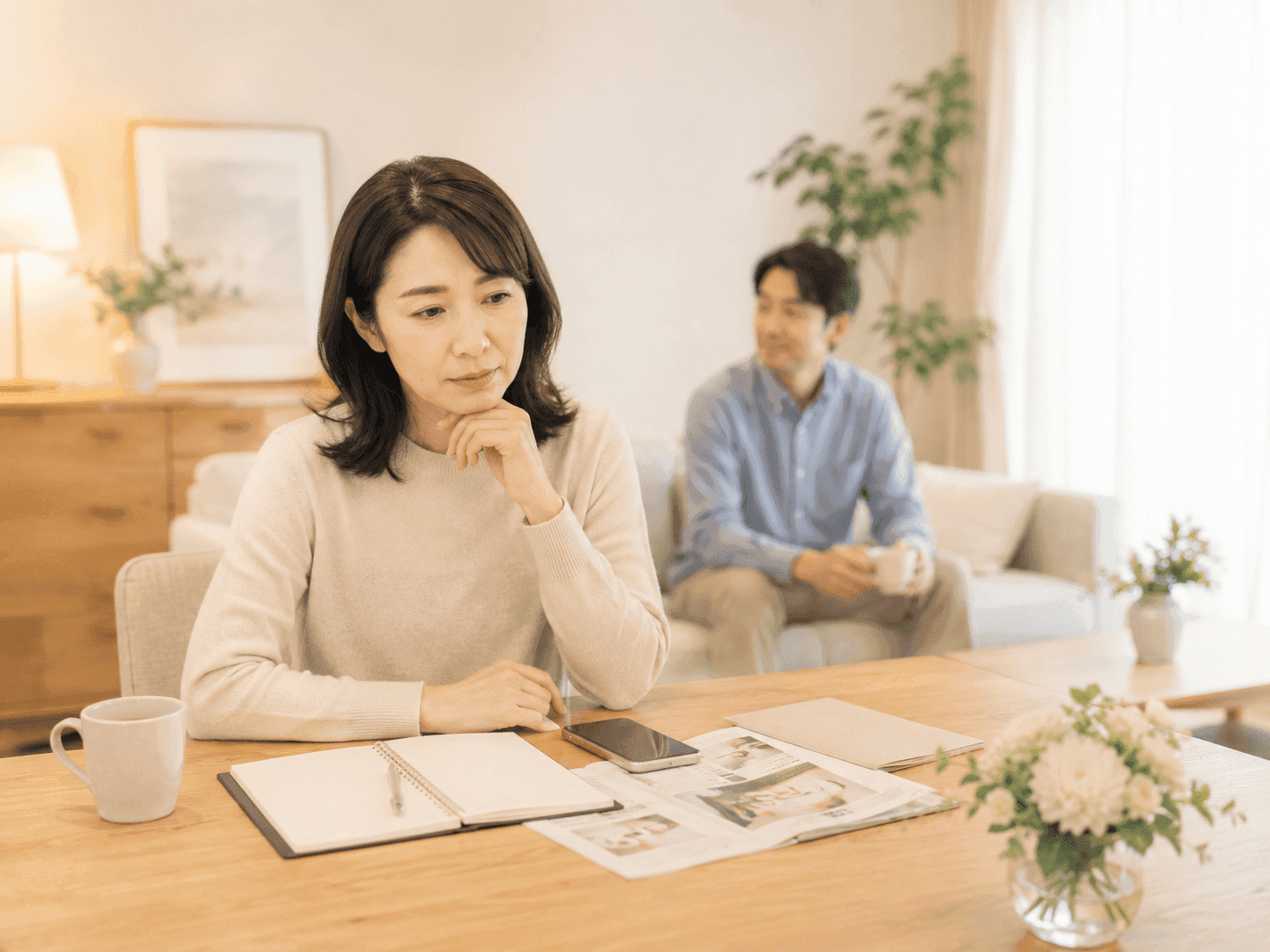ご自宅で考えごとをするご夫婦